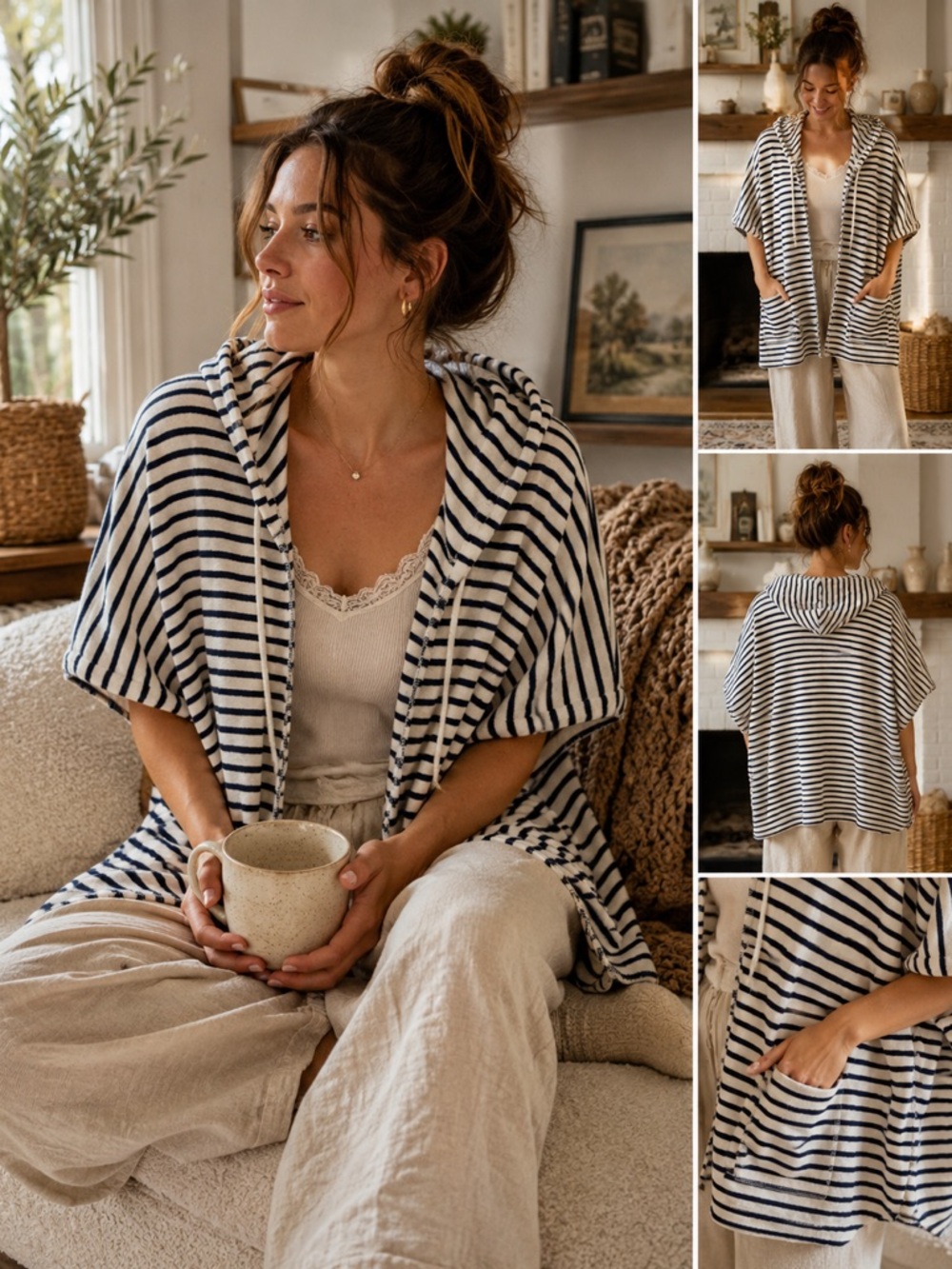 Aerie Navy White Stripe Oversized Cozy Hooded Poncho Cardigan M/L Loungewear